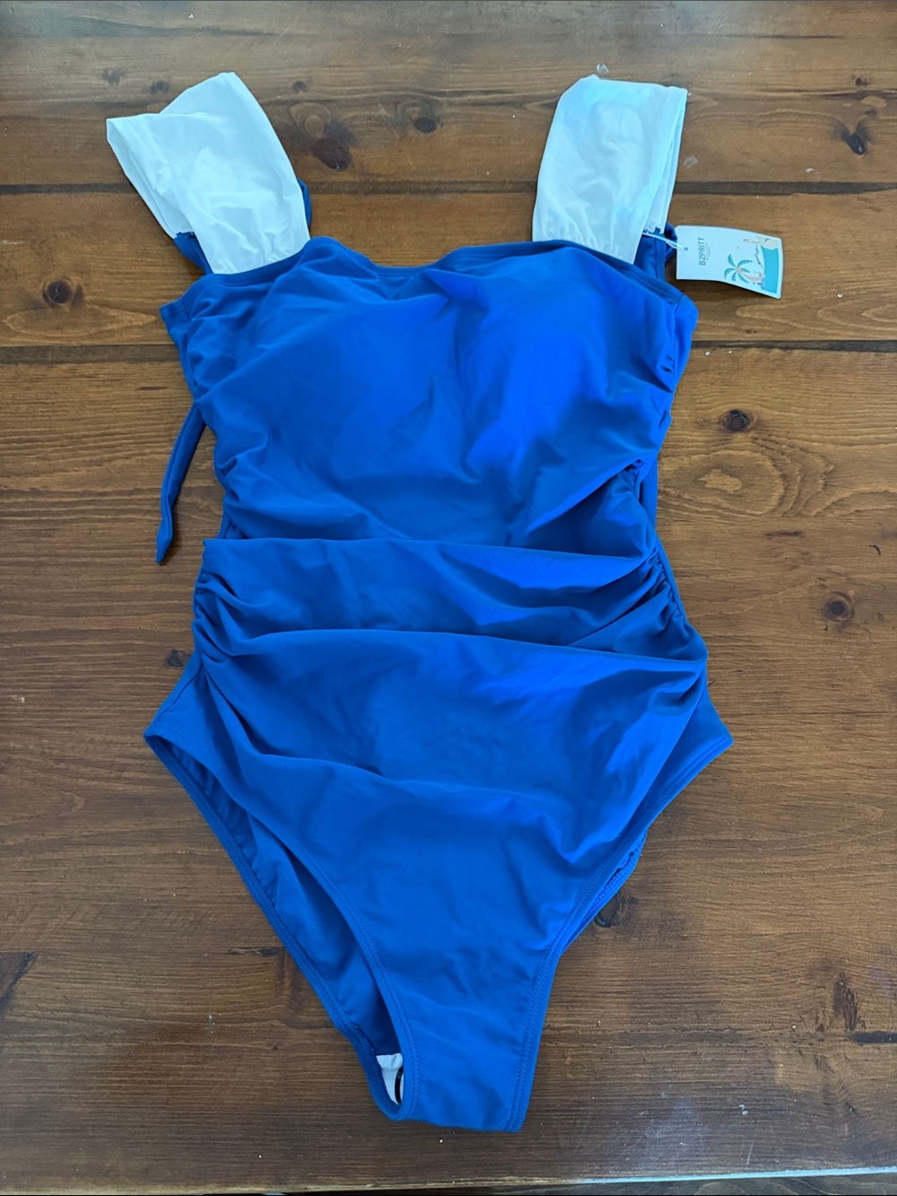 Ruched Cobalt Blue One-Piece Swimsuit with White Straps